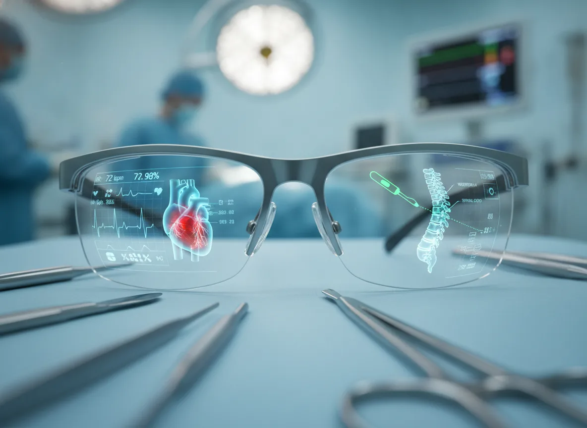 Óculos de realidade aumentada exibindo gráficos médicos em ambiente cirúrgico | Imagine Company - Agência de Marketing e Vendas em Goiânia - GO - BRASIL