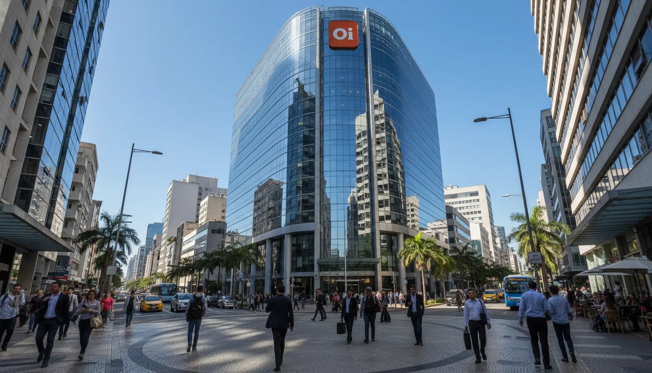 Prédio moderno da Oi em cidade movimentada, pessoas na calçada | Imagine Company - Agência de Marketing e Vendas em Goiânia - GO - BRASIL