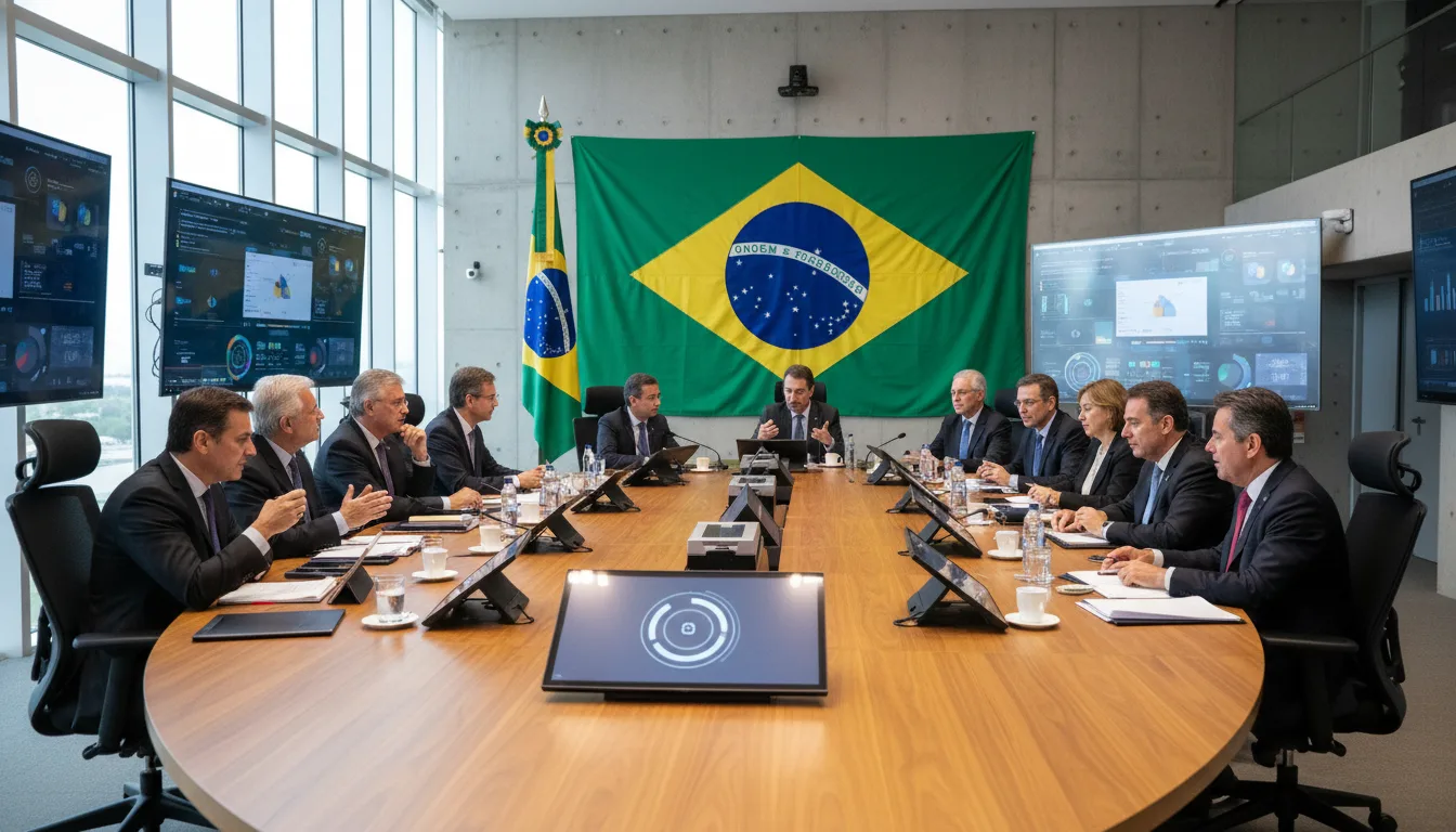 Lula e ministros em reunião estratégica com bandeira do Brasil ao fundo | Imagine Company - Agência de Marketing e Vendas em Goiânia - GO - BRASIL