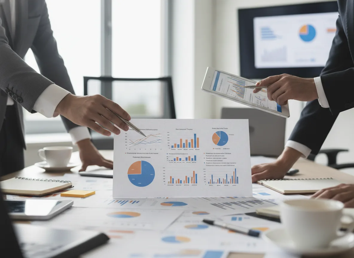 Mãos apontando para gráficos e dados em uma mesa durante reunião | Imagine Company - Agência de Marketing e Vendas em Goiânia - GO - BRASIL