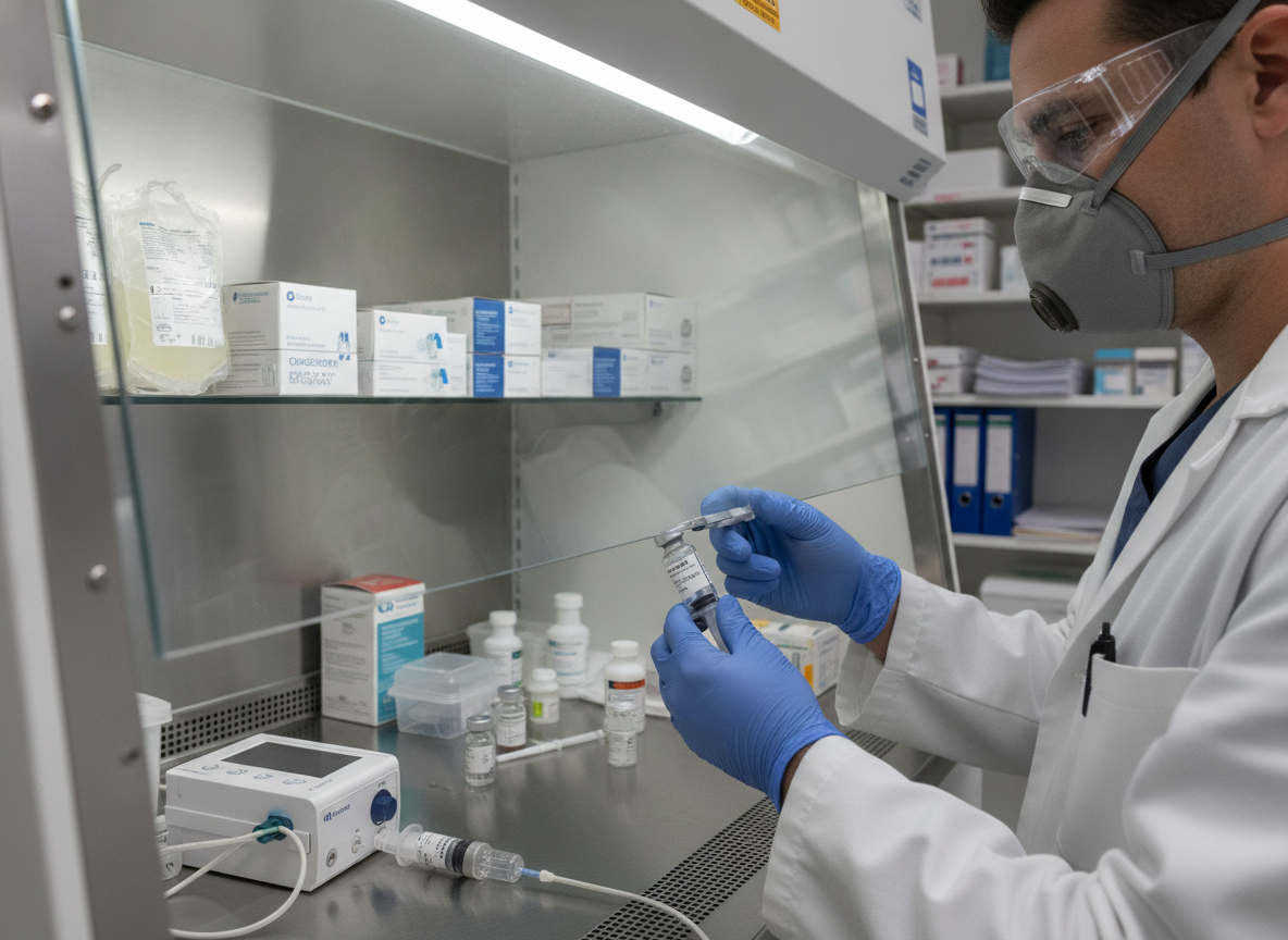 Profissional de saúde com máscara e luvas manuseia medicamentos em laboratório | Imagine Company - Agência de Marketing e Vendas em Goiânia - GO - BRASIL