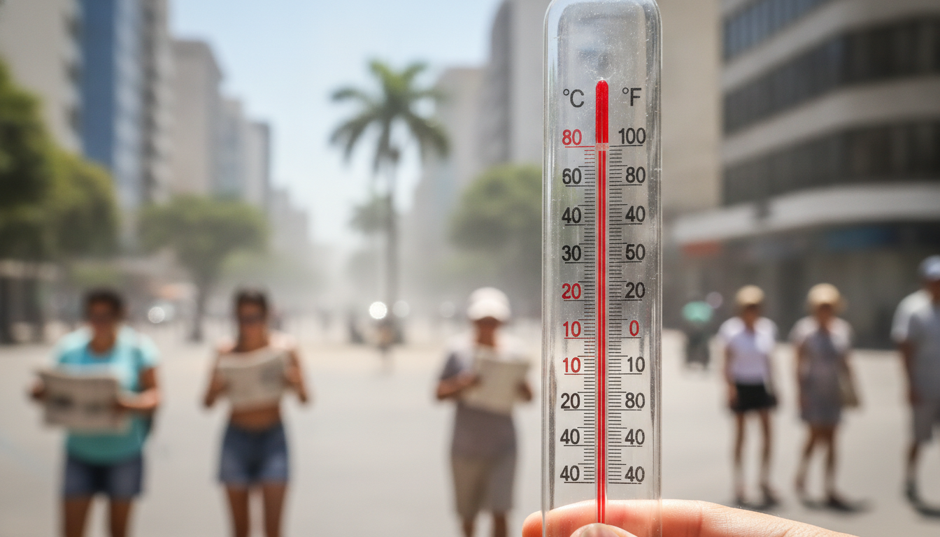 Termômetro em foco com temperatura acima de 40 ºC em rua movimentada de Goiás | Imagine Company - Agência de Marketing e Vendas em Goiânia - GO - BRASIL