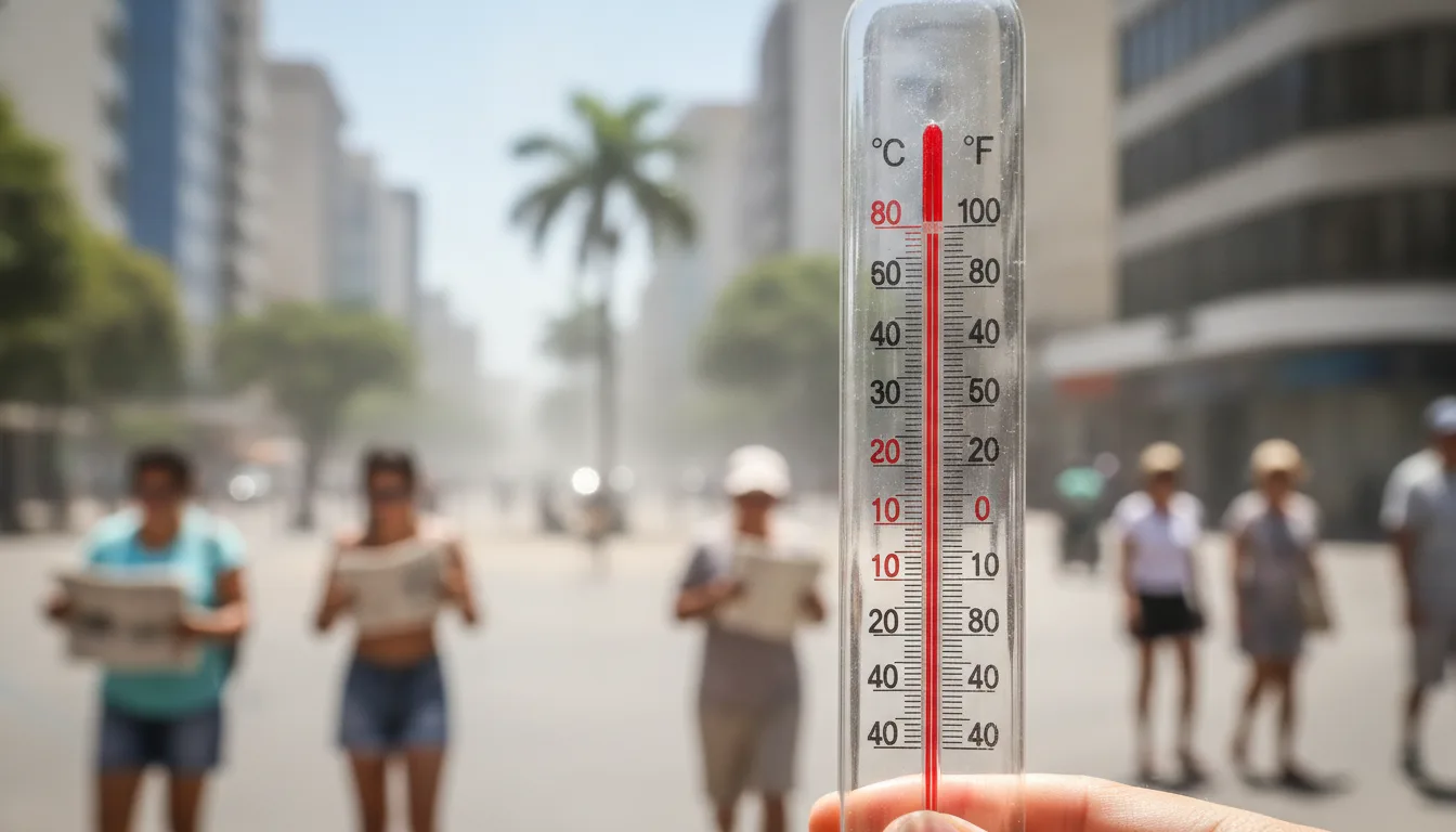 Termômetro em foco com temperatura acima de 40 ºC em rua movimentada de Goiás | Imagine Company - Agência de Marketing e Vendas em Goiânia - GO - BRASIL