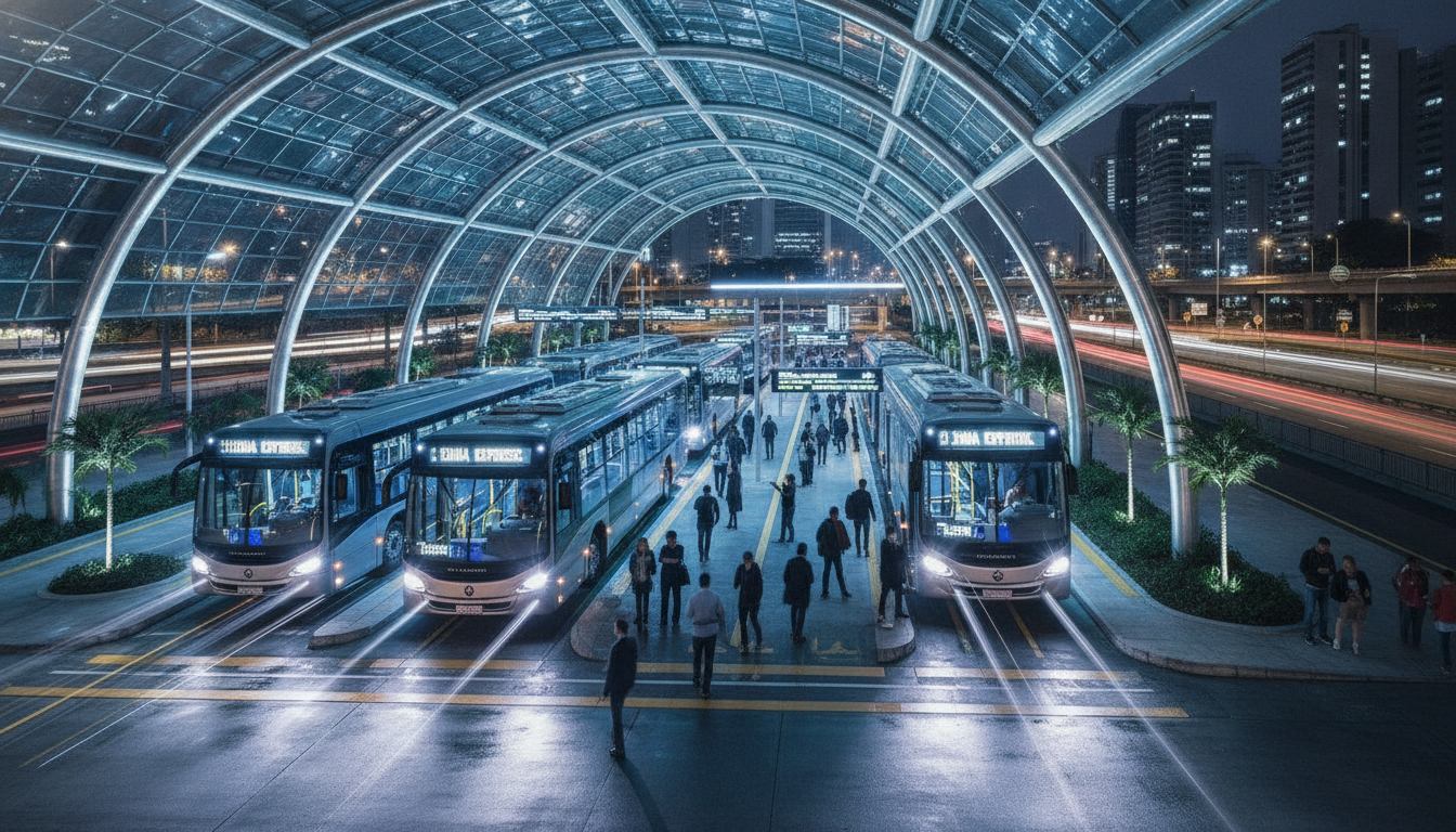Terminal de ônibus moderno e iluminado à noite em Goiânia, com pessoas e ônibus | Imagine Company - Agência de Marketing e Vendas em Goiânia - GO - BRASIL