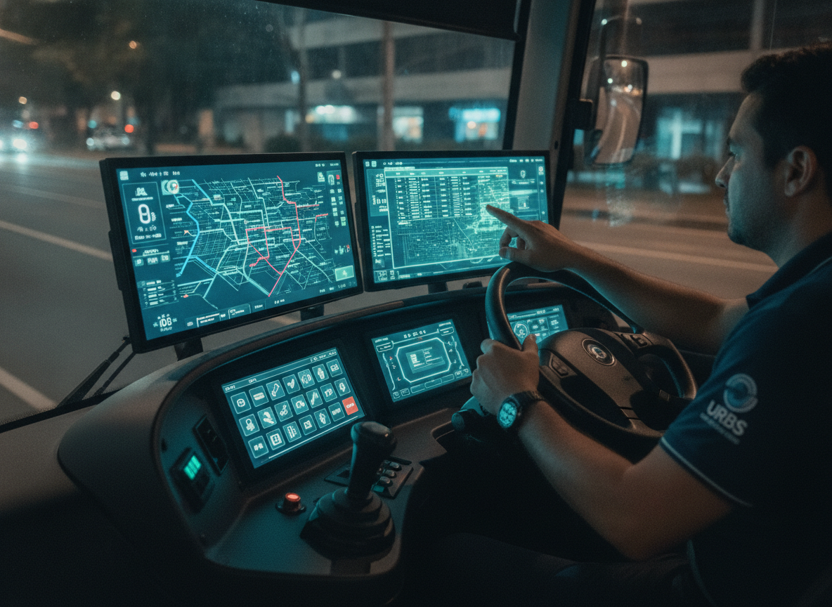 Motorista em ônibus moderno com painel digital em Goiânia | Imagine Company - Agência de Marketing e Vendas em Goiânia - GO - BRASIL