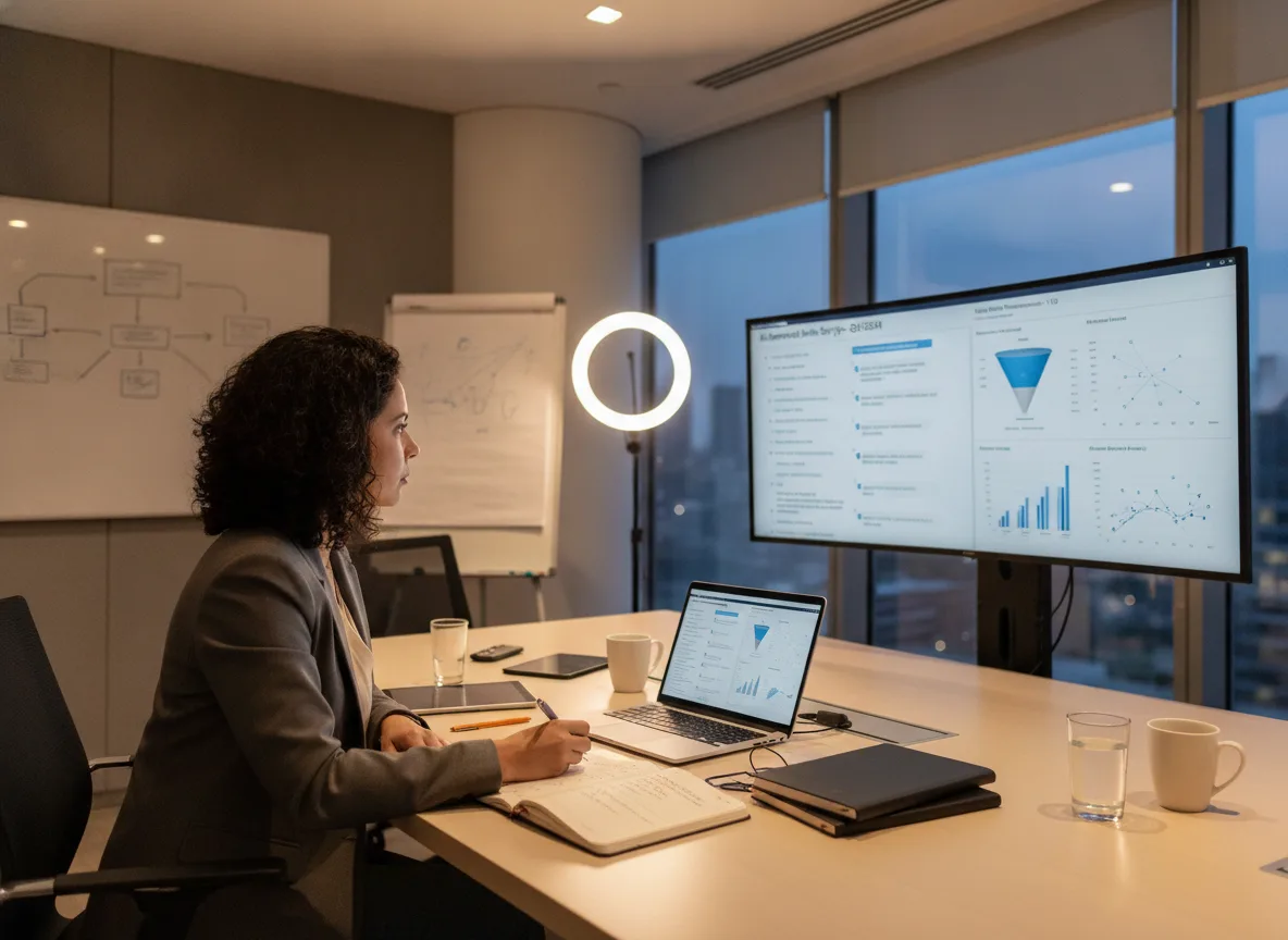 Mulher em escritório moderno analisando gráficos em telas grandes | Imagine Company - Agência de Marketing e Vendas em Goiânia - GO - BRASIL