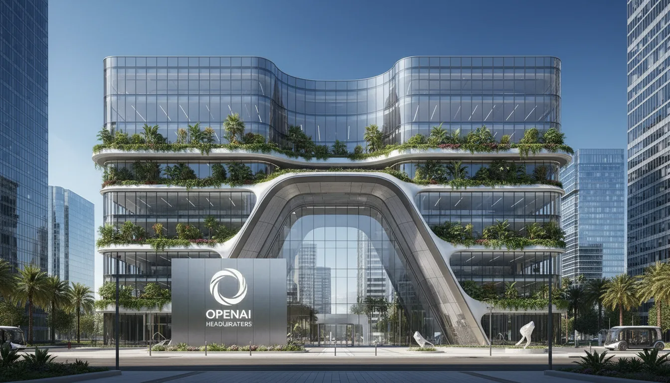 Fachada da sede da OpenAI com design moderno e vegetação | Imagine Company - Agência de Marketing e Vendas em Goiânia - GO - BRASIL