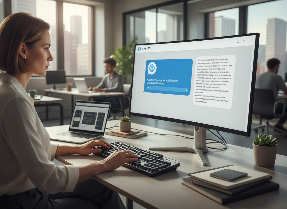 Mulher em escritório usando computador com ChatGPT na tela | Imagine Company - Agência de Marketing e Vendas em Goiânia - GO - BRASIL
