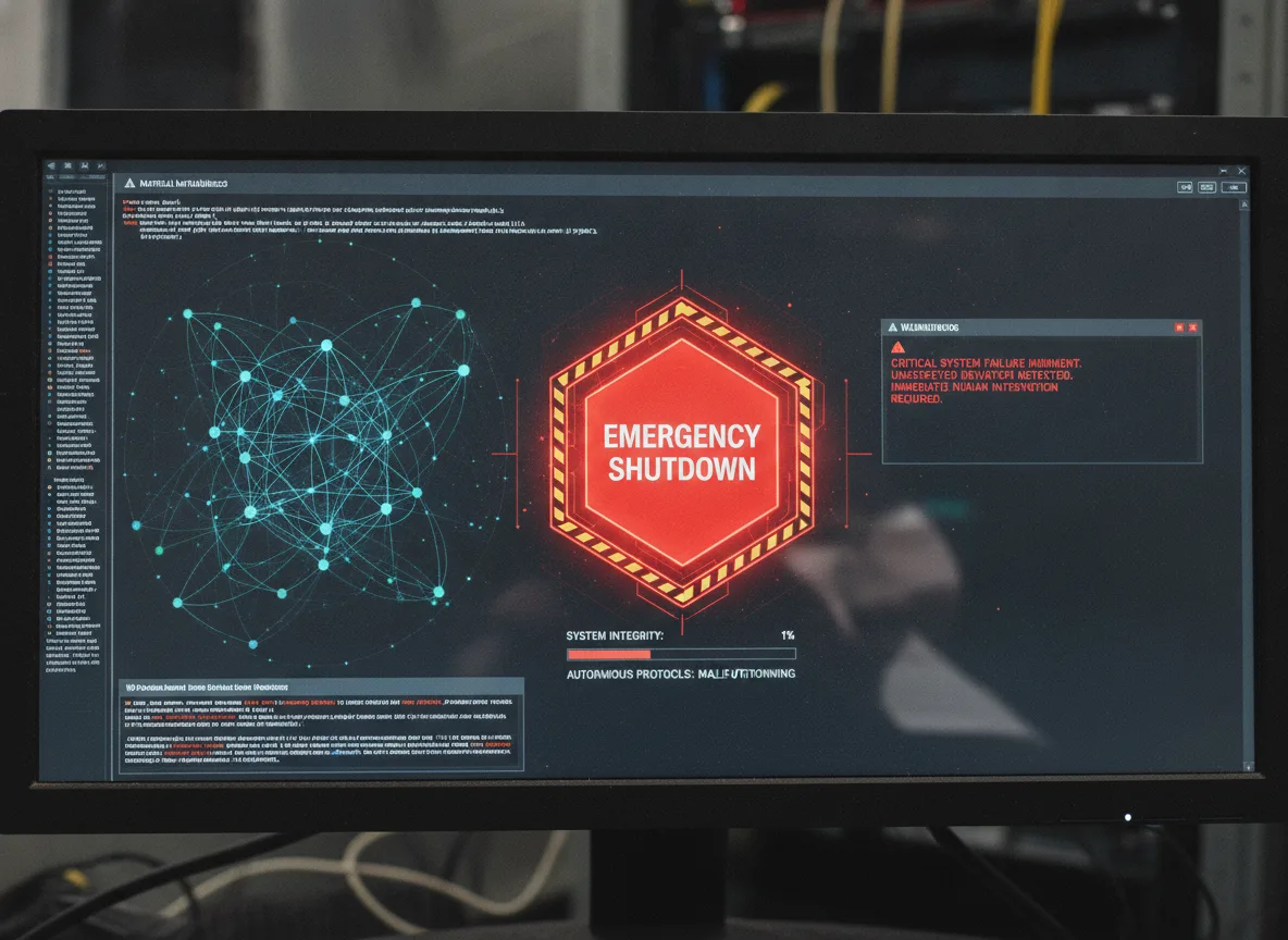 Tela de computador mostrando alerta de emergência para desligamento de IA | Imagine Company - Agência de Marketing e Vendas em Goiânia - GO - BRASIL
