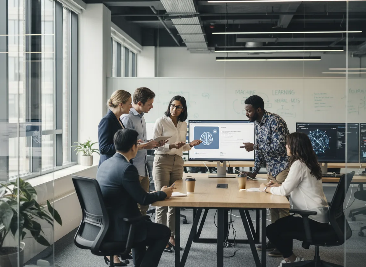 Grupo de pessoas em reunião sobre IA em escritório moderno | Imagine Company - Agência de Marketing e Vendas em Goiânia - GO - BRASIL