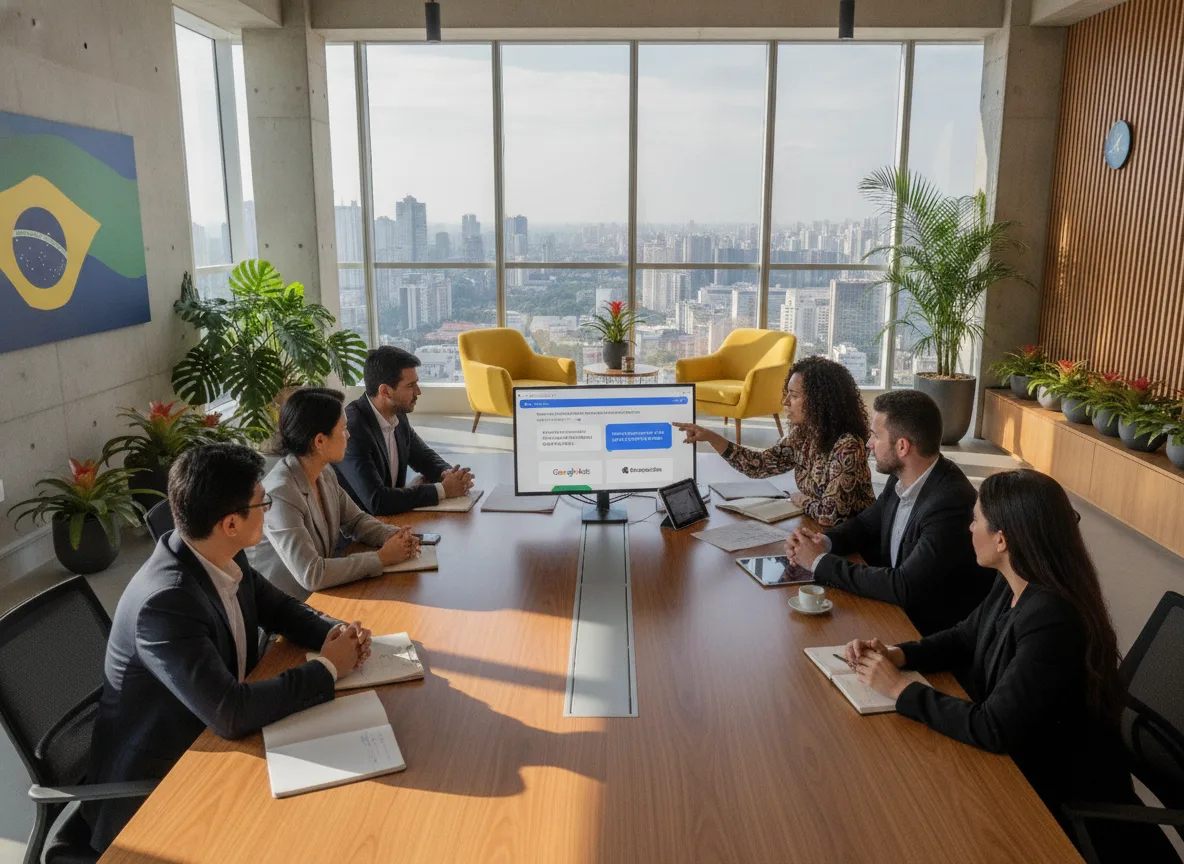 Seis pessoas em reunião em escritório moderno com tela exibindo anúncios OpenAI | Imagine Company - Agência de Marketing e Vendas em Goiânia - GO - BRASIL