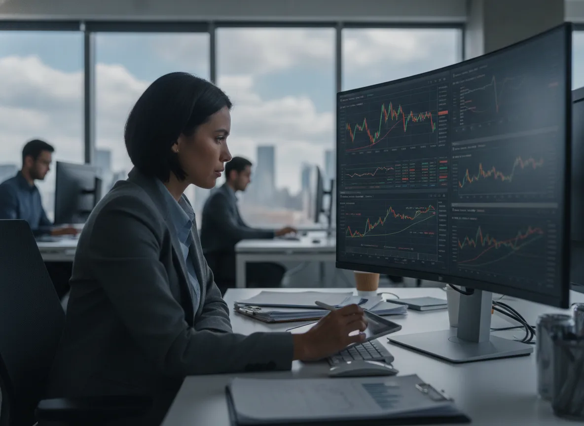 Mulher em escritório analisa gráficos financeiros em telas de computador | Imagine Company - Agência de Marketing e Vendas em Goiânia - GO - BRASIL