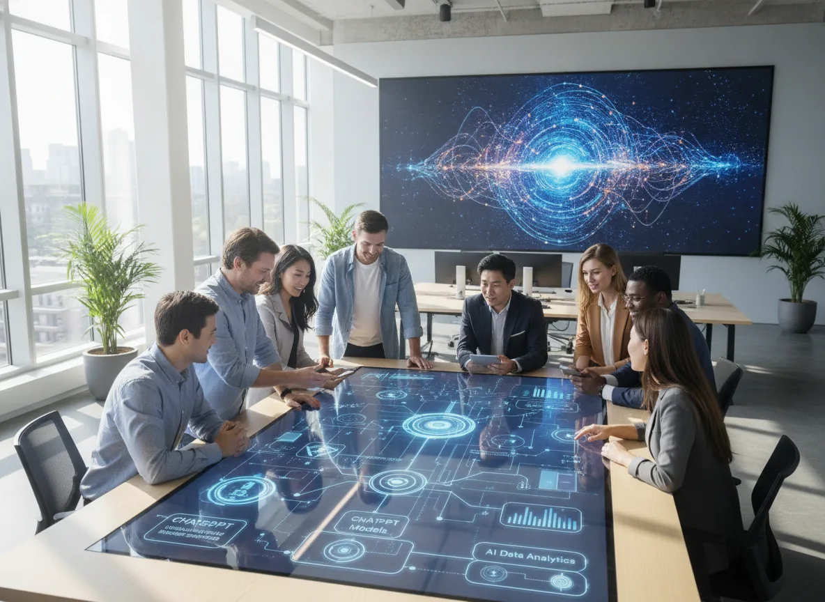 Pessoas em reunião analisando mesa digital com gráficos de IA | Imagine Company - Agência de Marketing e Vendas em Goiânia - GO - BRASIL