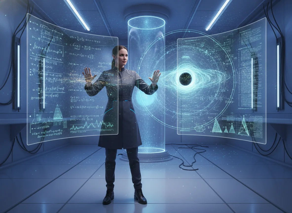 Pessoa em laboratório futurista com hologramas matemáticos | Imagine Company - Agência de Marketing e Vendas em Goiânia - GO - BRASIL