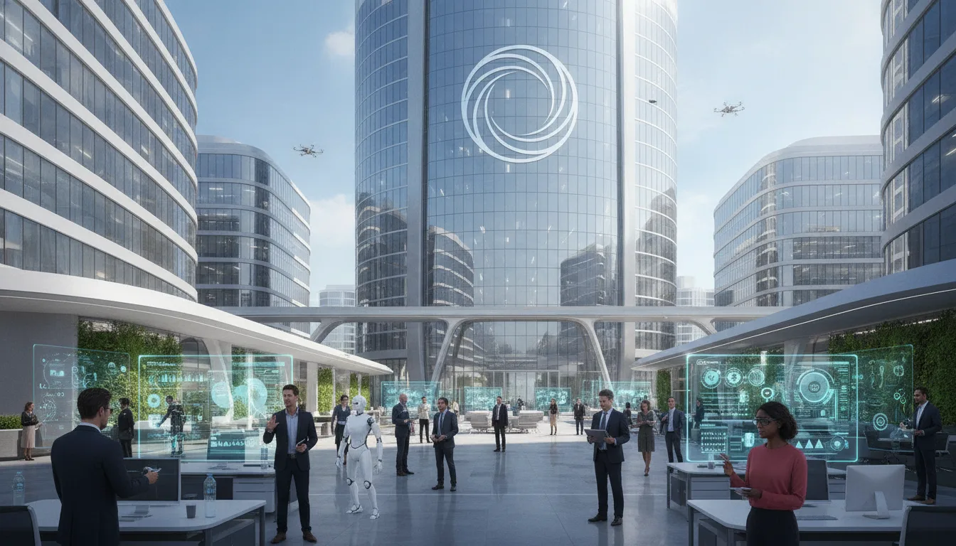 Cenário futurista com pessoas e robôs interagindo em ambiente corporativo. | Imagine Company - Agência de Marketing e Vendas em Goiânia - GO - BRASIL