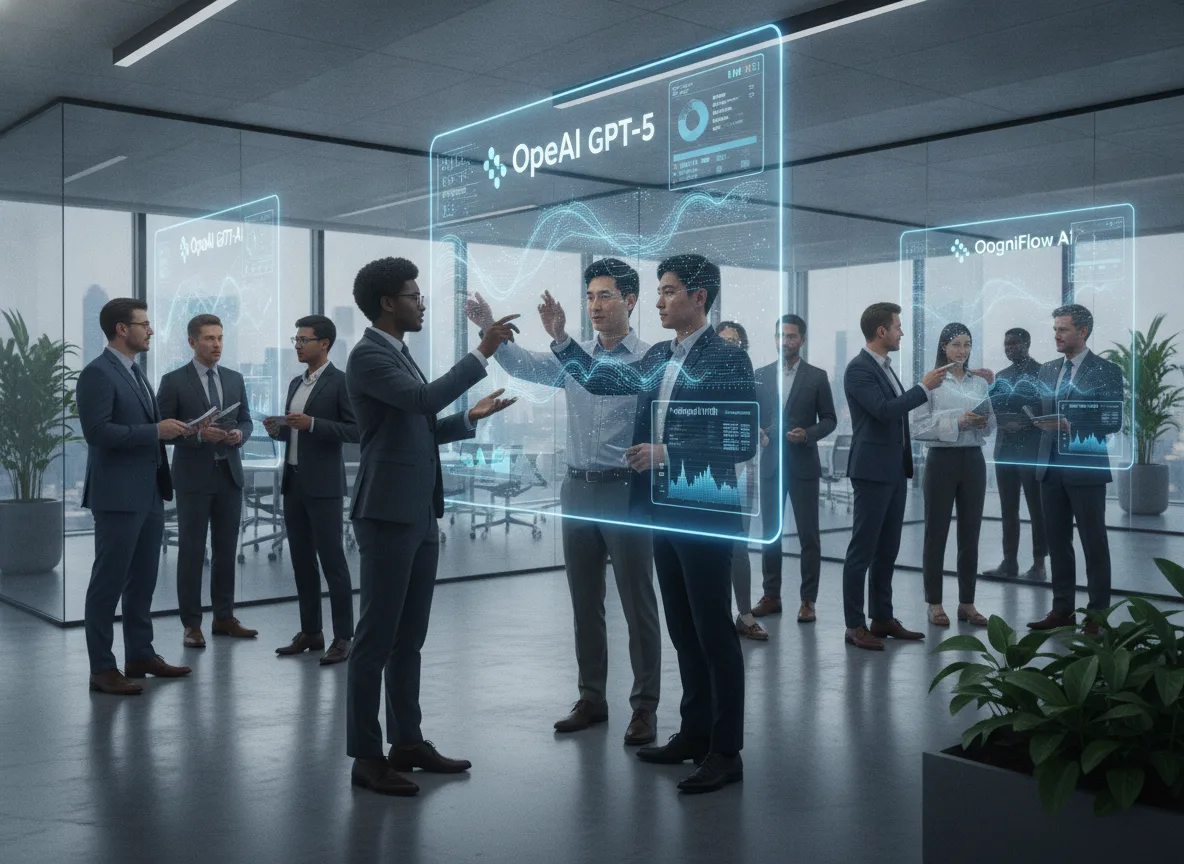 Grupo de pessoas em escritório moderno discutindo sobre OpenAI GPT-5 | Imagine Company - Agência de Marketing e Vendas em Goiânia - GO - BRASIL