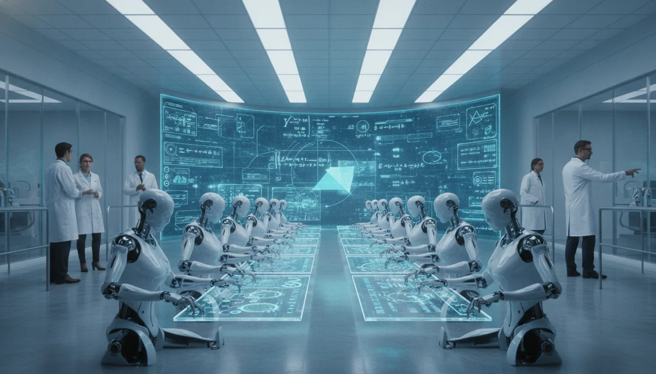 Robôs em laboratório analisando equações em telas digitais | Imagine Company - Agência de Marketing e Vendas em Goiânia - GO - BRASIL
