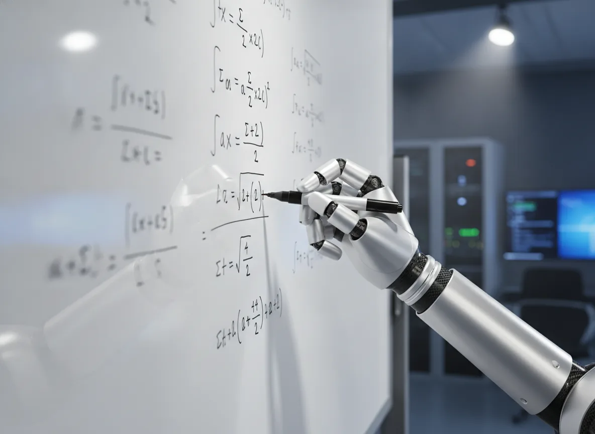 Mão de robô escrevendo equação matemática em quadro branco. | Imagine Company - Agência de Marketing e Vendas em Goiânia - GO - BRASIL
