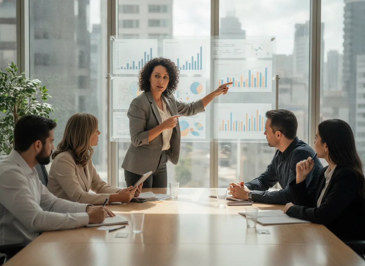 Pessoas em reunião analisando gráficos em sala de conferências | Imagine Company - Agência de Marketing e Vendas em Goiânia - GO - BRASIL