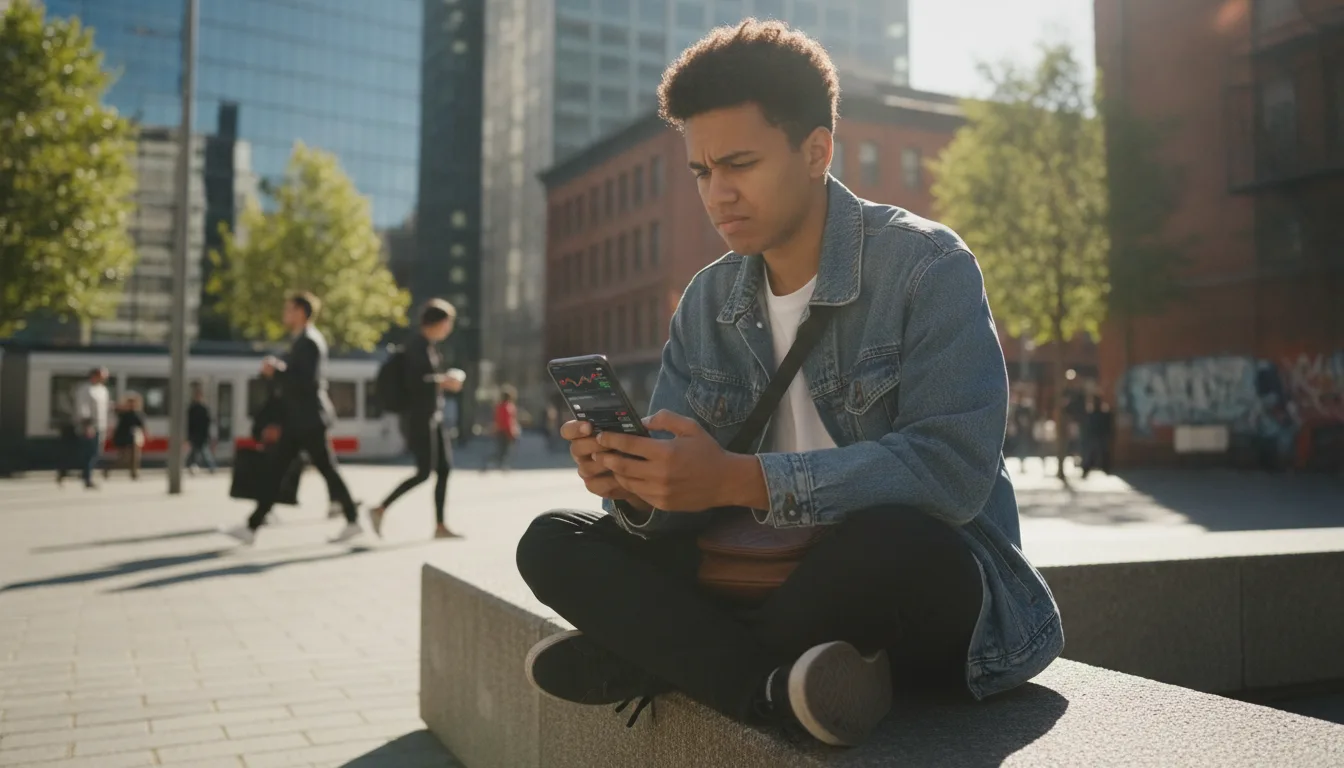Jovem sentado em praça urbana usando smartphone, discutindo ostentação e dívidas | Imagine Company - Agência de Marketing e Vendas em Goiânia - GO - BRASIL