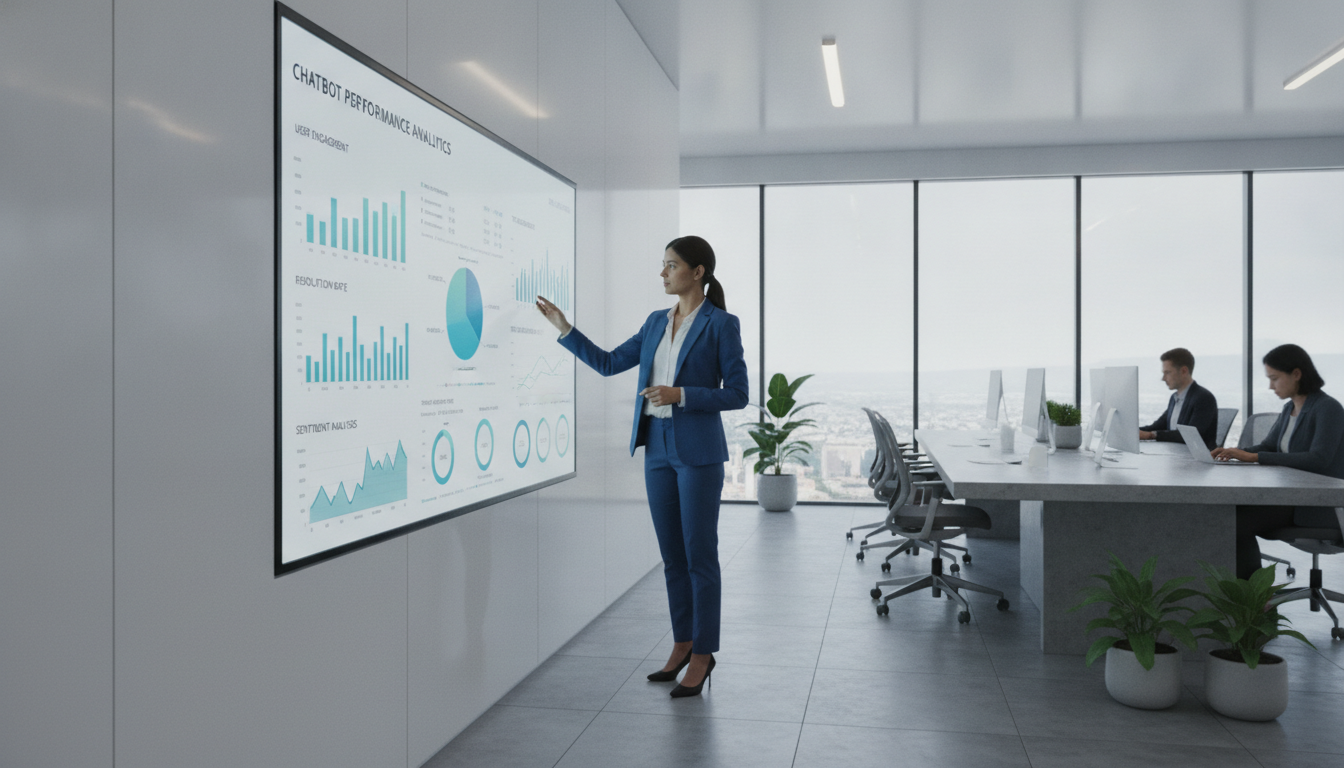 Mulher em terno azul analisa gráficos de chatbots em tela em escritório | Imagine Company - Agência de Marketing e Vendas em Goiânia - GO - BRASIL