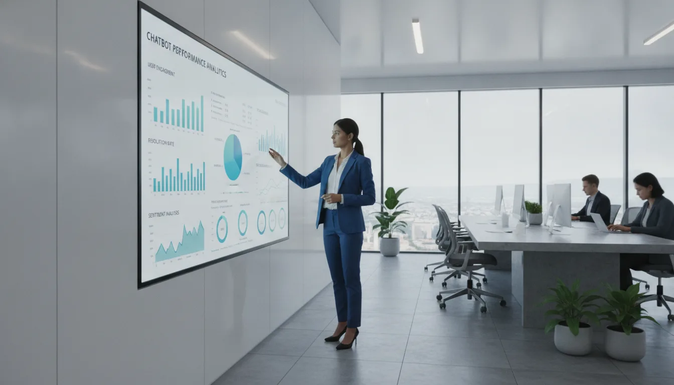 Mulher em terno azul analisa gráficos de chatbots em tela em escritório | Imagine Company - Agência de Marketing e Vendas em Goiânia - GO - BRASIL