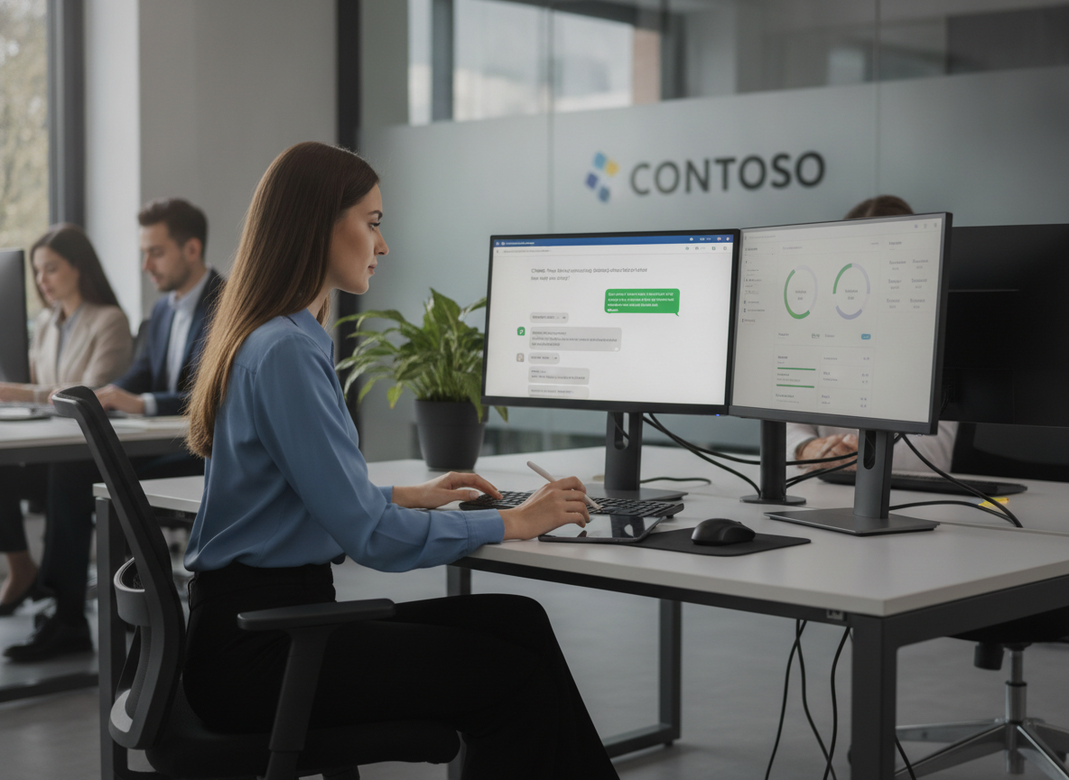 Pessoa trabalhando em computador com chatbot na tela em ambiente de escritório | Imagine Company - Agência de Marketing e Vendas em Goiânia - GO - BRASIL