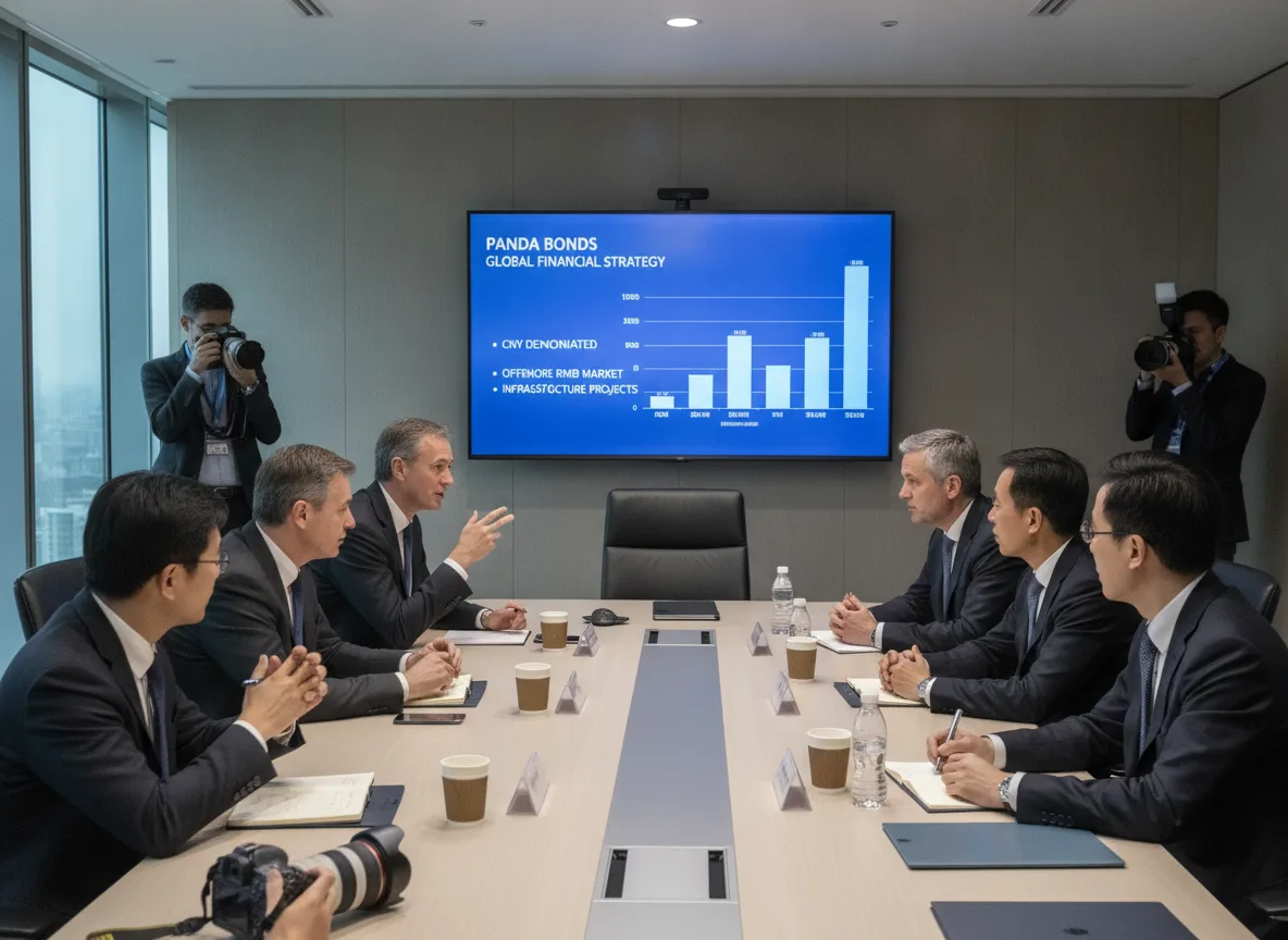 Executivos em reunião sobre Panda Bonds com gráfico de estratégia financeira ao fundo | Imagine Company - Agência de Marketing e Vendas em Goiânia - GO - BRASIL