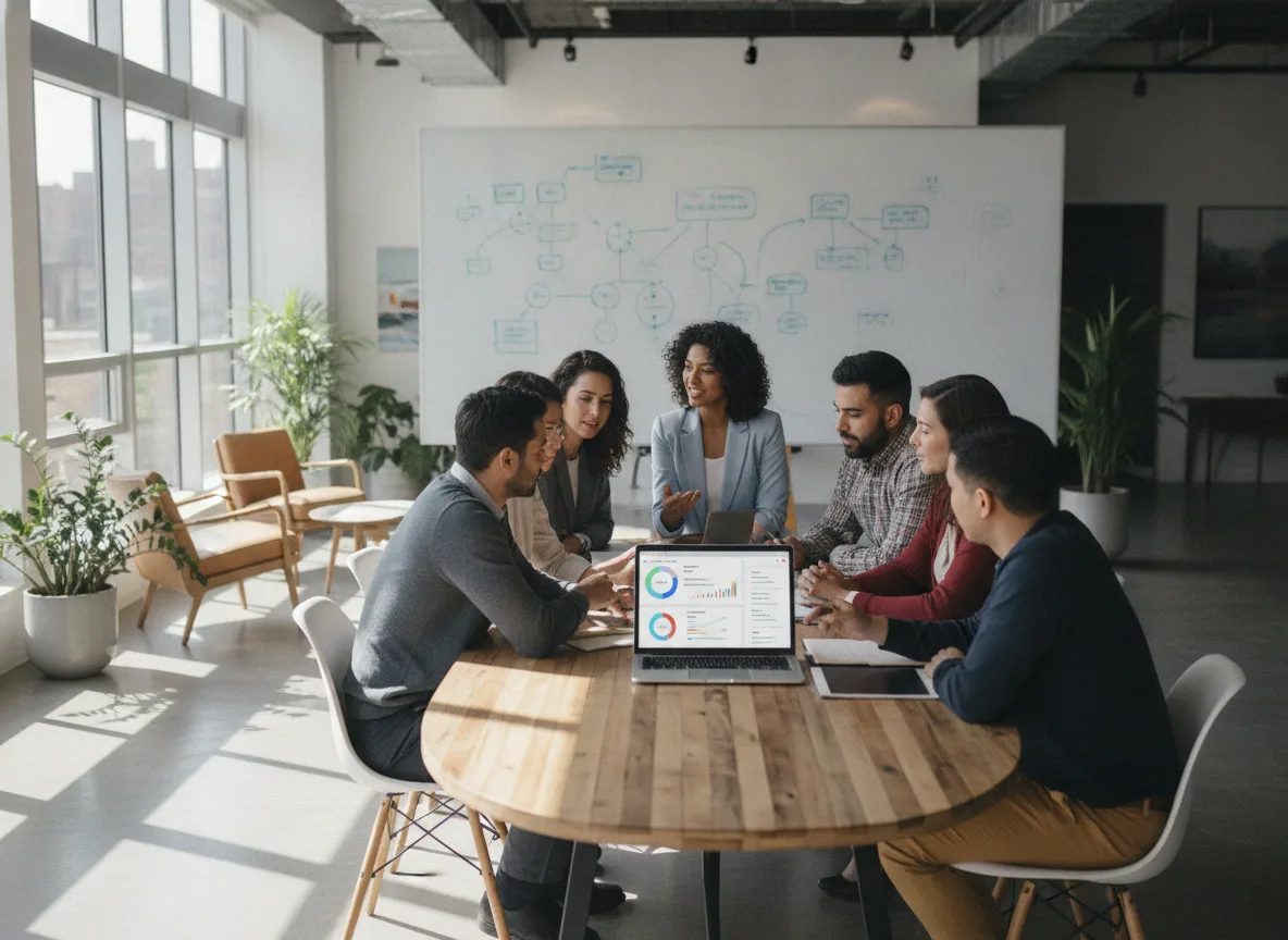 Grupo de pessoas em reunião analisando gráficos de SEO e marketing digital | Imagine Company - Agência de Marketing e Vendas em Goiânia - GO - BRASIL