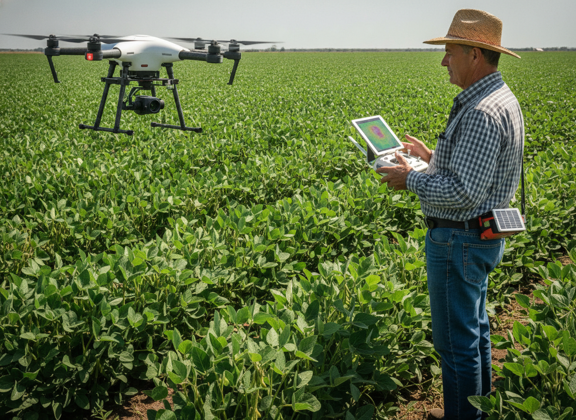Homem com chapéu opera drone sobre plantação de soja | Imagine Company - Agência de Marketing e Vendas em Goiânia - GO - BRASIL