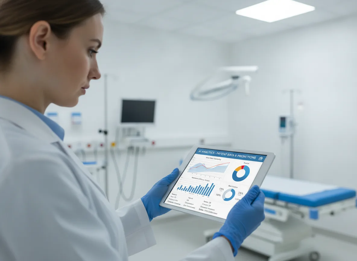 Médica com tablet mostrando gráficos de IA em hospital. | Imagine Company - Agência de Marketing e Vendas em Goiânia - GO - BRASIL