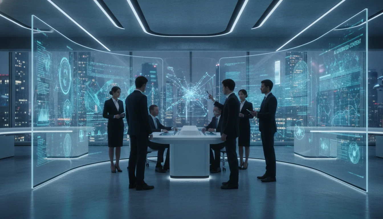Pessoas em reunião em escritório futurista com telas digitais ao fundo | Imagine Company - Agência de Marketing e Vendas em Goiânia - GO - BRASIL