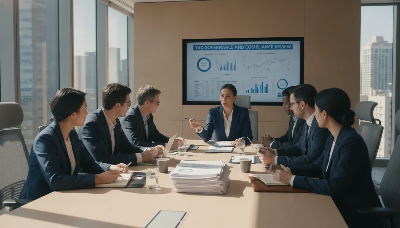 Profissionais em reunião discutindo governança tributária com gráficos e documentos | Imagine Company - Agência de Marketing e Vendas em Goiânia - GO - BRASIL