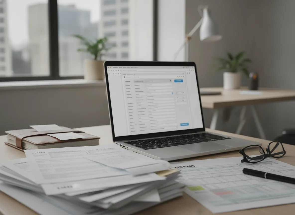 Laptop em mesa de escritório com documentos de governança tributária | Imagine Company - Agência de Marketing e Vendas em Goiânia - GO - BRASIL