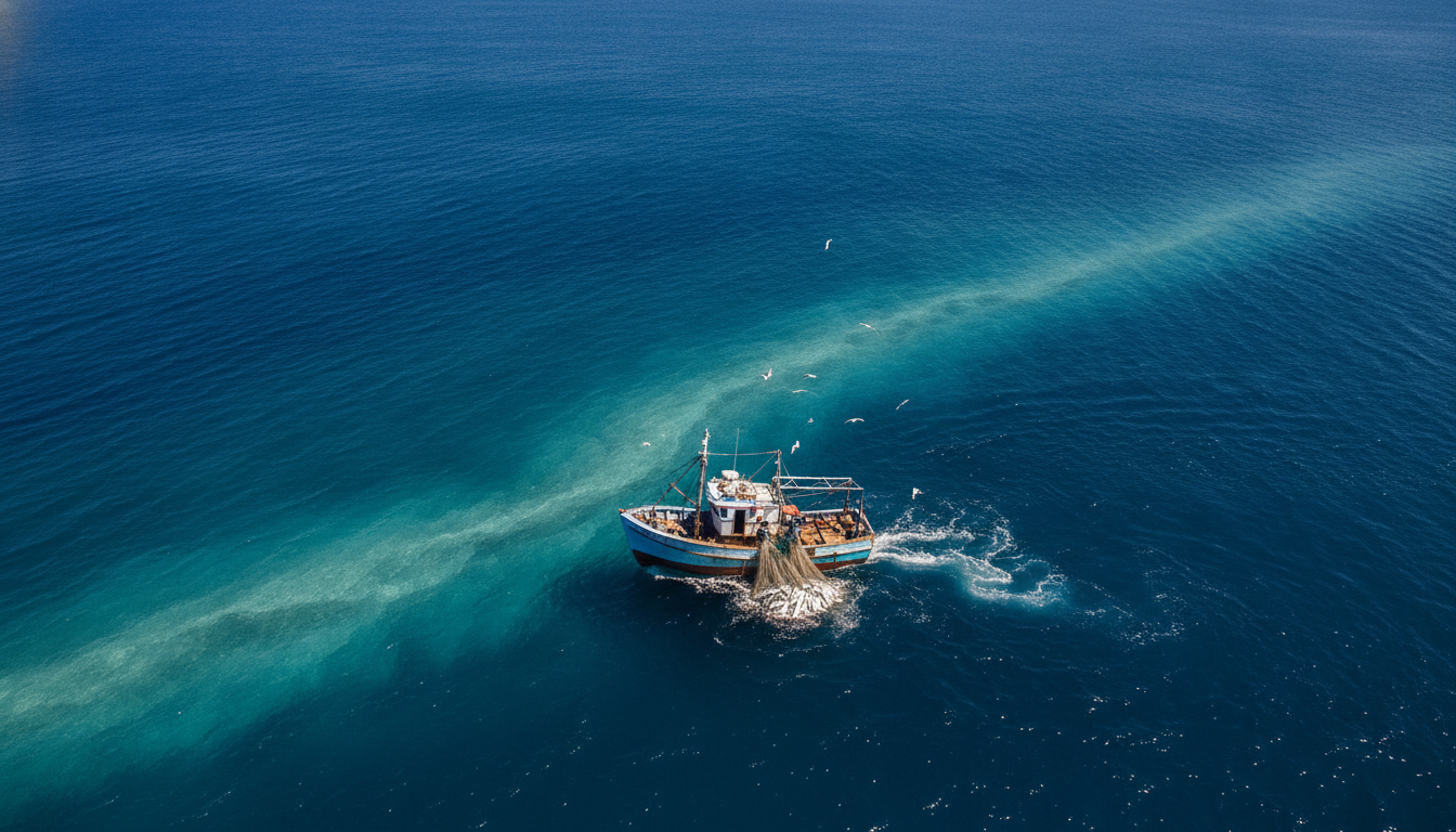 Barco de pesca no oceano com rede lançada, aves ao redor | Imagine Company - Agência de Marketing e Vendas em Goiânia - GO - BRASIL