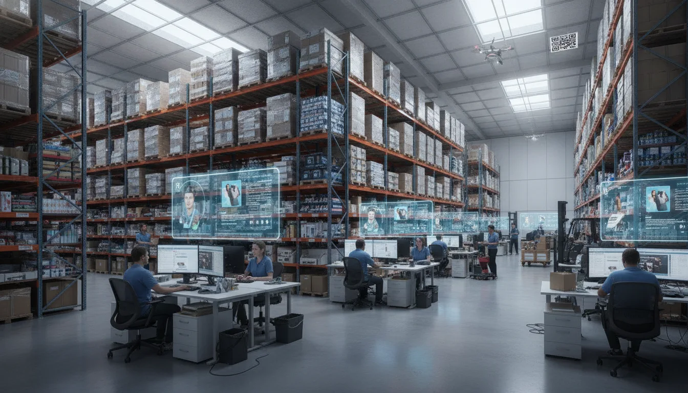 Interior de armazém com computadores e hologramas de personalização | Imagine Company - Agência de Marketing e Vendas em Goiânia - GO - BRASIL