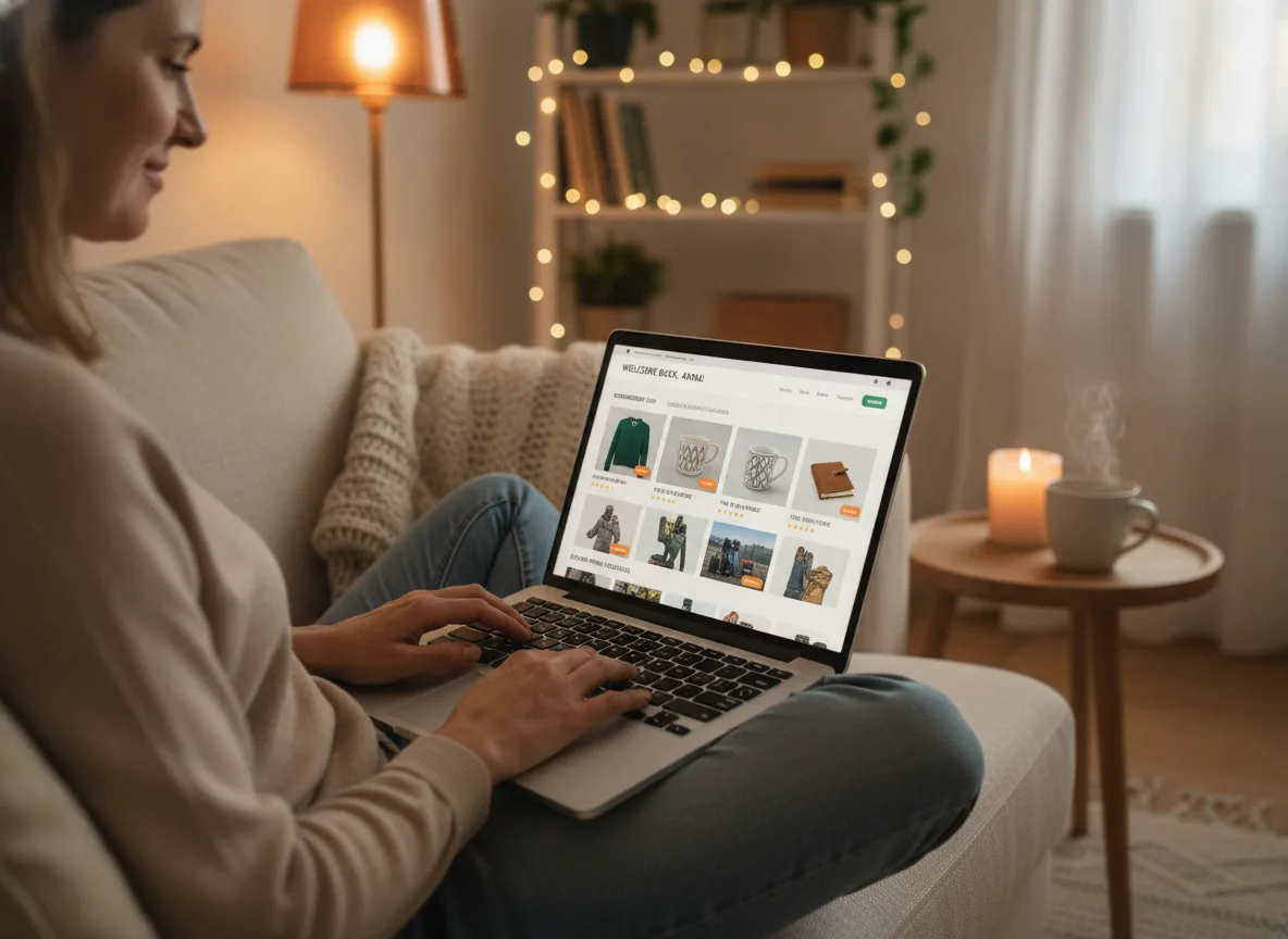 Mulher sentada no sofá usando laptop para compras online | Imagine Company - Agência de Marketing e Vendas em Goiânia - GO - BRASIL