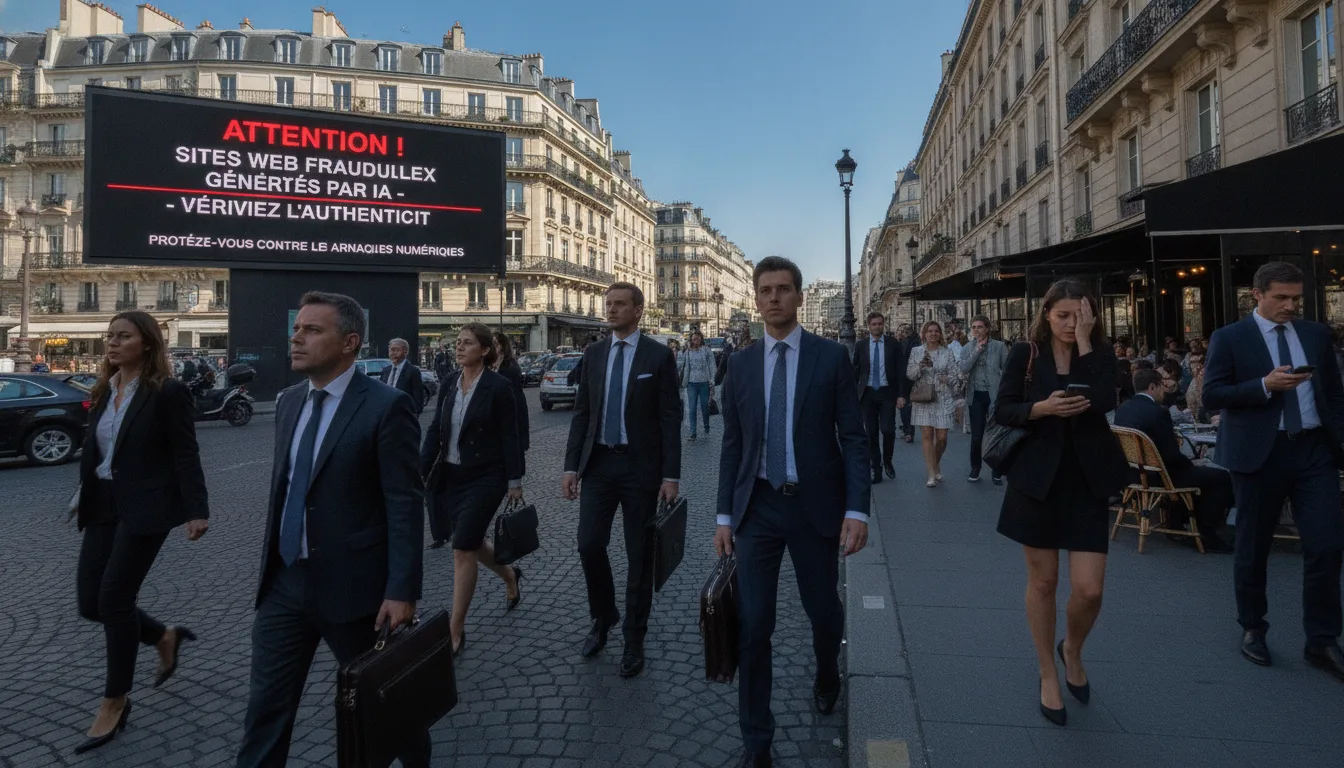 Pessoas caminham em Paris com painel alertando sobre sites falsos gerados por IA. | Imagine Company - Agência de Marketing e Vendas em Goiânia - GO - BRASIL