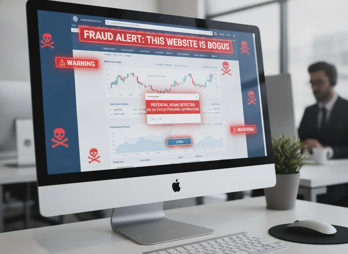 Computador exibindo alerta de fraude em site falso com gráficos e avisos de perigo. | Imagine Company - Agência de Marketing e Vendas em Goiânia - GO - BRASIL