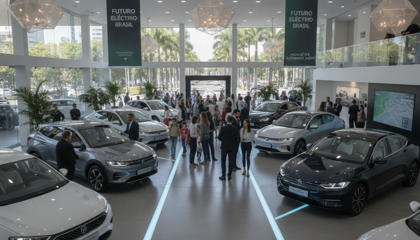 Evento com diversos carros elétricos e visitantes no Brasil, destacando inovações sustentáveis. | Imagine Company - Agência de Marketing e Vendas em Goiânia - GO - BRASIL