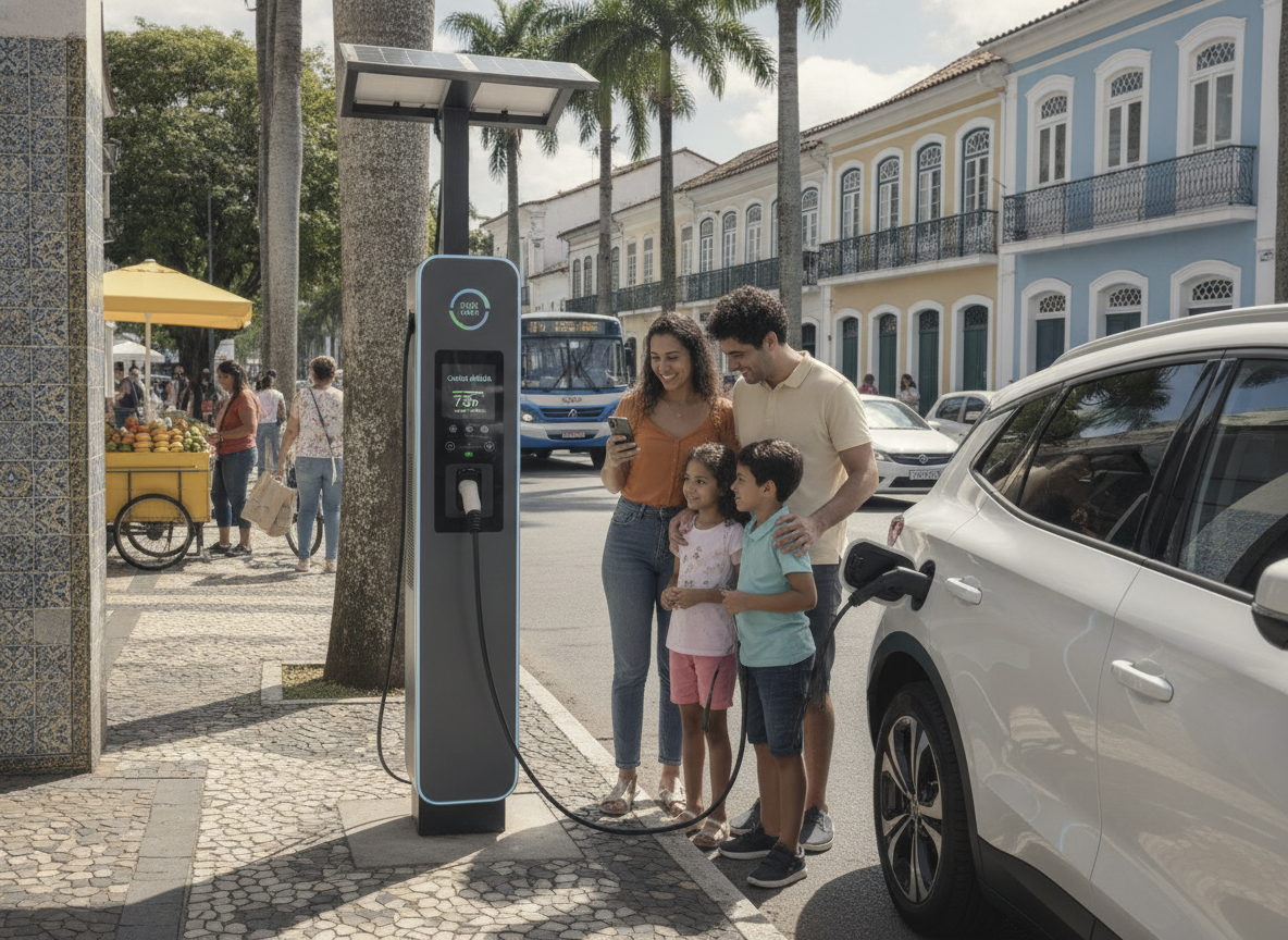 Família com carro elétrico em estação de carregamento pública | Imagine Company - Agência de Marketing e Vendas em Goiânia - GO - BRASIL
