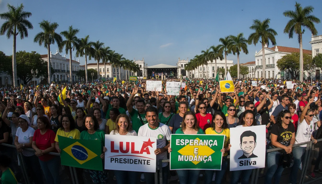 Pessoas segurando cartazes de apoio a Lula em manifestação ao ar livre. | Imagine Company - Agência de Marketing e Vendas em Goiânia - GO - BRASIL