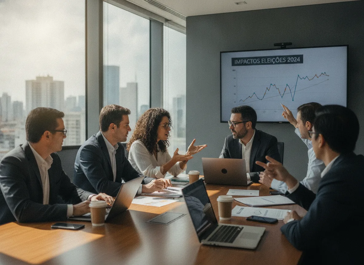 Grupo em reunião analisando gráficos de eleições 2024 em sala de conferência | Imagine Company - Agência de Marketing e Vendas em Goiânia - GO - BRASIL
