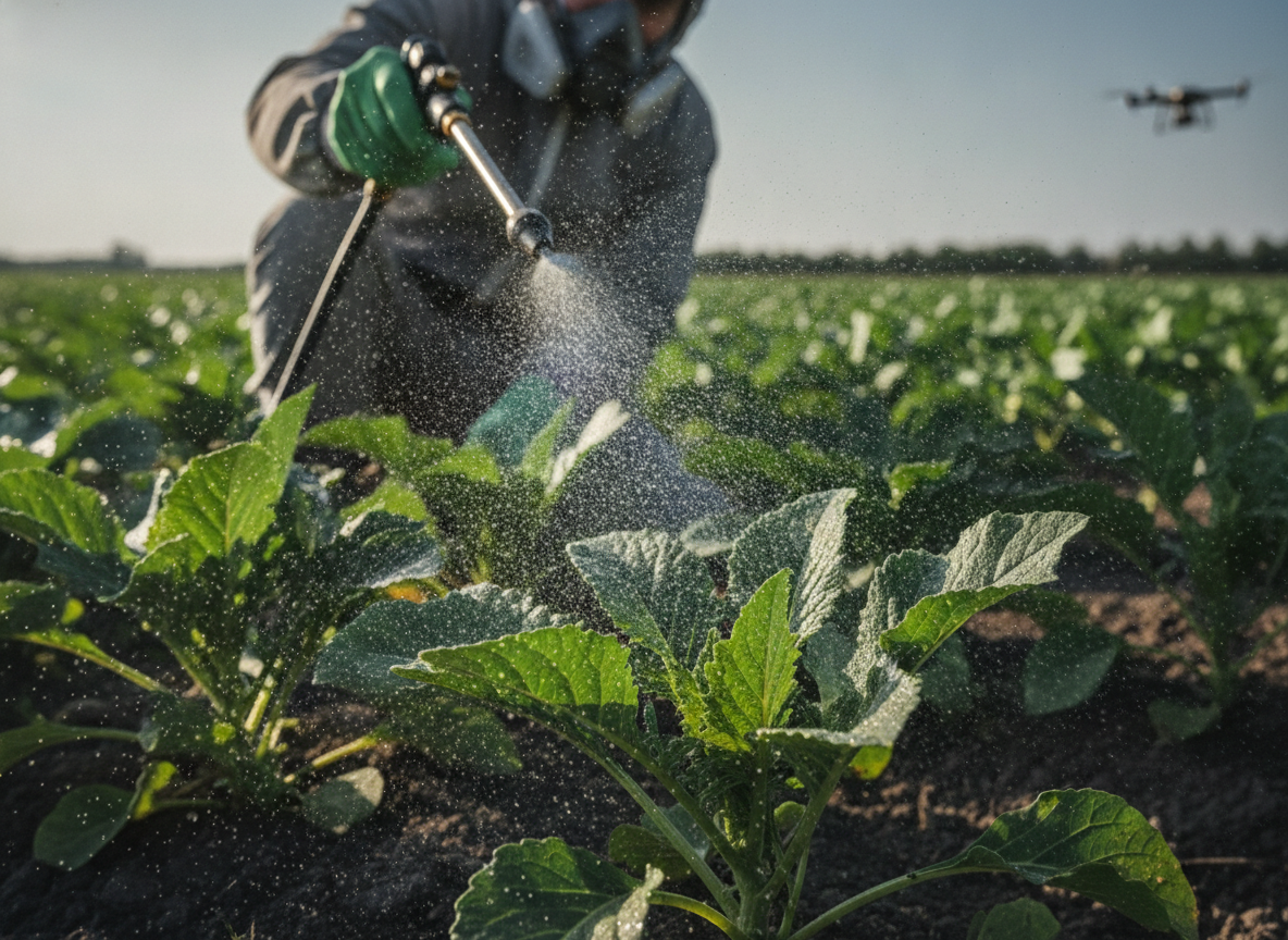 Pesquisador aplica nano-herbicida em plantação verde, destacando inovação agrícola | Imagine Company - Agência de Marketing e Vendas em Goiânia - GO - BRASIL