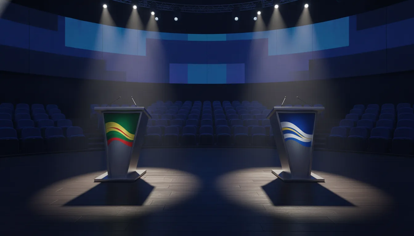 Dois púlpitos iluminados em um palco de debate eleitoral | Imagine Company - Agência de Marketing e Vendas em Goiânia - GO - BRASIL