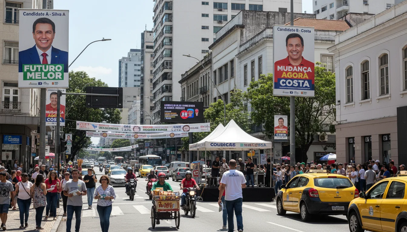 Avenida com cartazes eleitorais e movimento de pedestres e veículos. | Imagine Company - Agência de Marketing e Vendas em Goiânia - GO - BRASIL