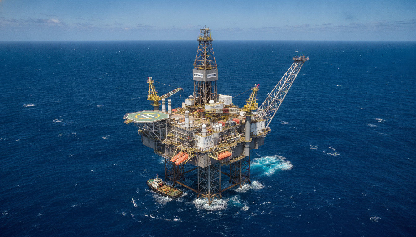 Plataforma de petróleo da Petrobras no oceano, com céu azul | Imagine Company - Agência de Marketing e Vendas em Goiânia - GO - BRASIL