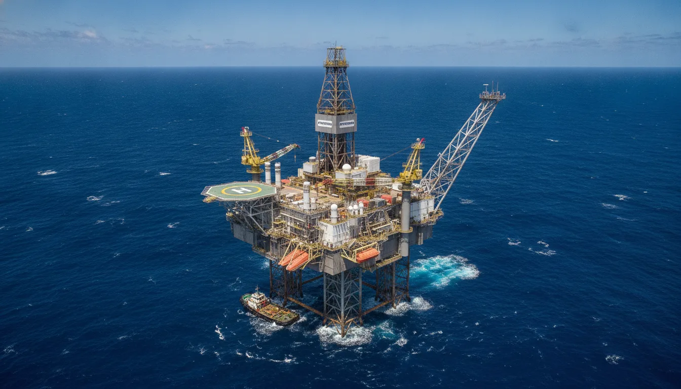 Plataforma de petróleo da Petrobras no oceano, com céu azul | Imagine Company - Agência de Marketing e Vendas em Goiânia - GO - BRASIL