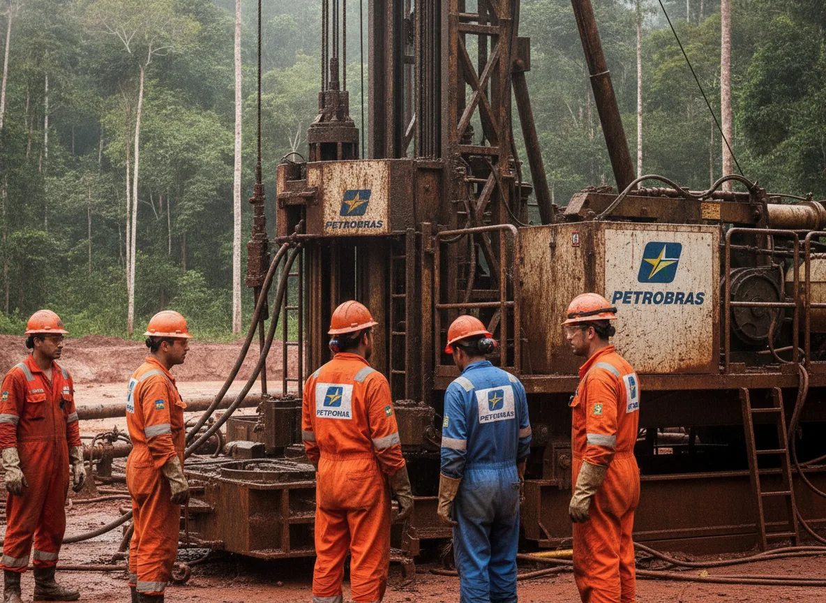 Trabalhadores da Petrobras em frente a equipamento de perfuração na floresta | Imagine Company - Agência de Marketing e Vendas em Goiânia - GO - BRASIL