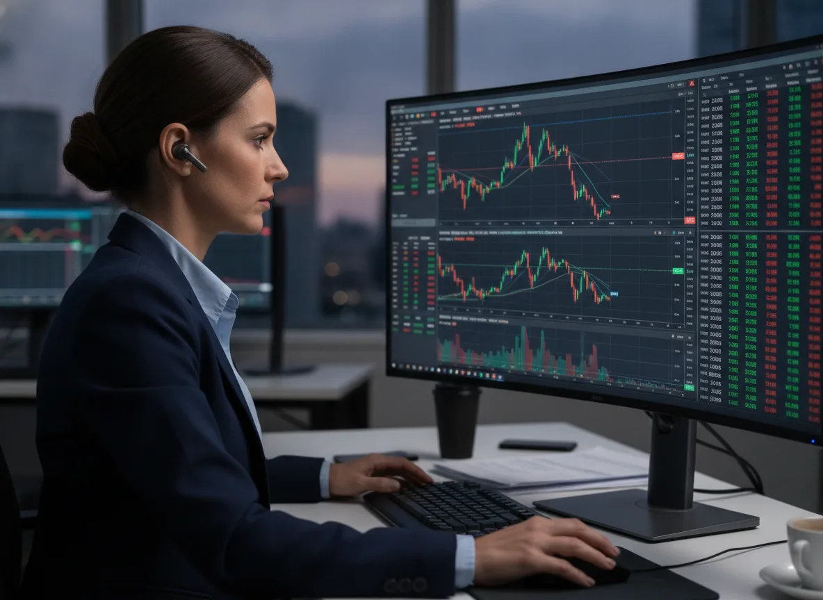 Mulher analista de mercado acompanha gráficos de ações da Petrobras em tela de computador | Imagine Company - Agência de Marketing e Vendas em Goiânia - GO - BRASIL